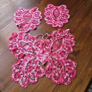 Vintage Crocheted Butterfly Doily Set of 3 Pink White Cottagecore Gardencore